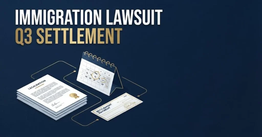 Infographic style image with Immigration Lawsuit Q3 Settlement text over legal documents and deadline calendar icons