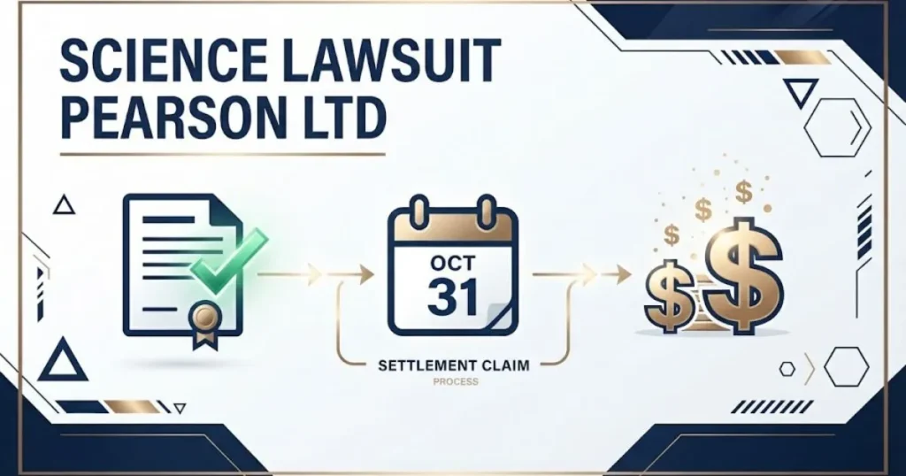 Infographic-style image with science lawsuit pearson ltd text showing settlement claim process icons on white background