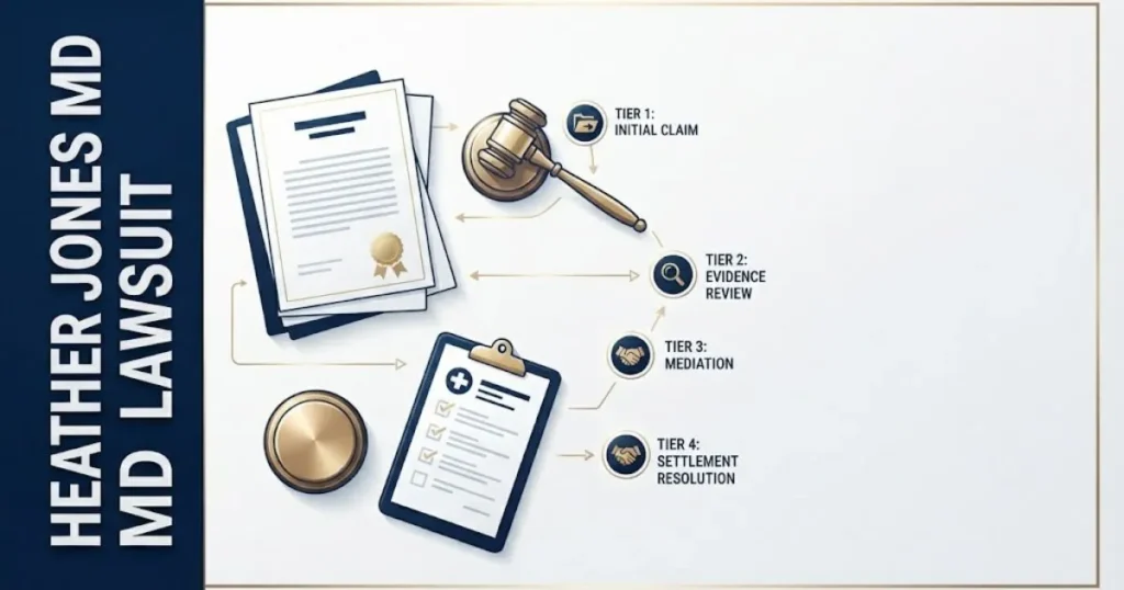 Infographic style visual for heather jones md lawsuit showing legal documents and settlement tier icons
