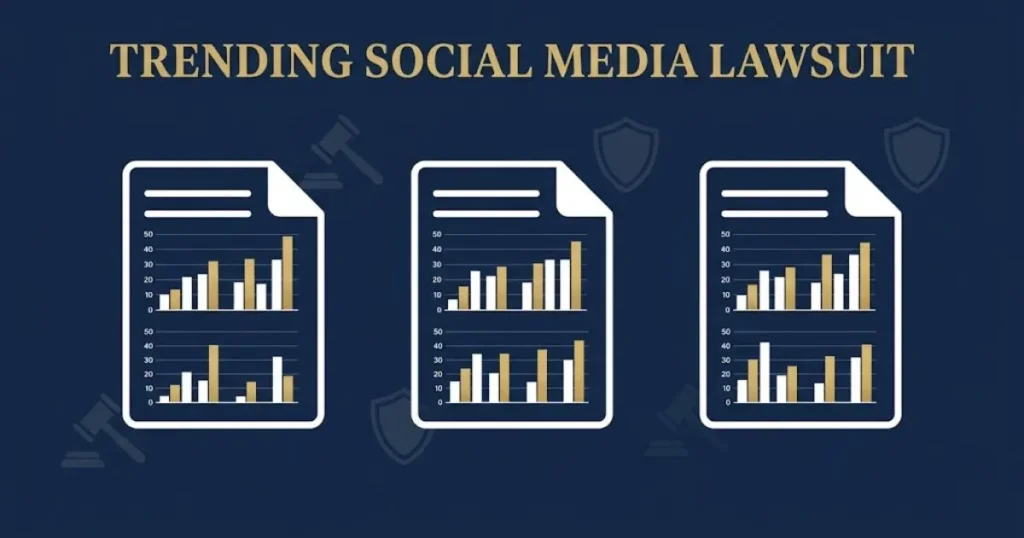 Infographic-style visual for trending social media lawsuit showing settlement tier documents and legal icons on navy background