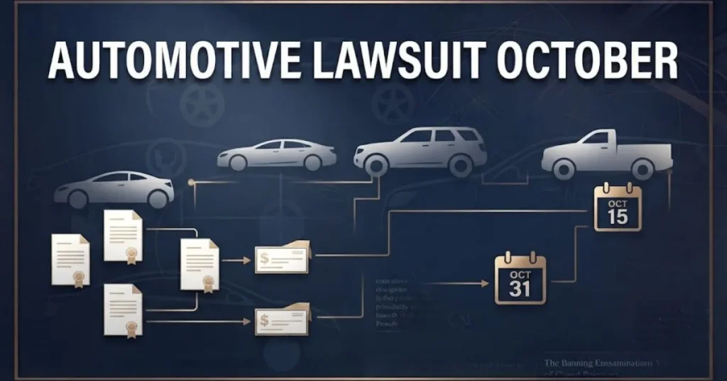 Infographic style visual with automotive lawsuit october title text showing vehicle icons connected to settlement and deadline symbols on navy background (1)
