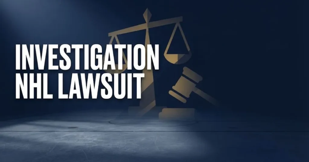 Investigation NHL lawsuit hero banner with legal scales and hockey rink in navy and gold
