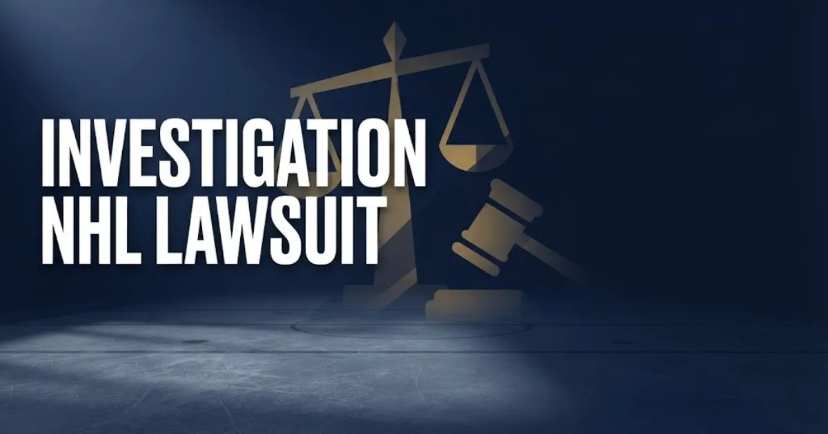 Investigation NHL lawsuit hero banner with legal scales and hockey rink in navy and gold