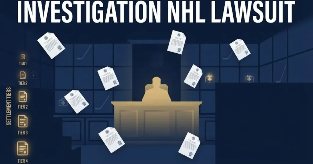Investigation NHL lawsuit supporting graphic with courtroom and settlement icons in navy gold