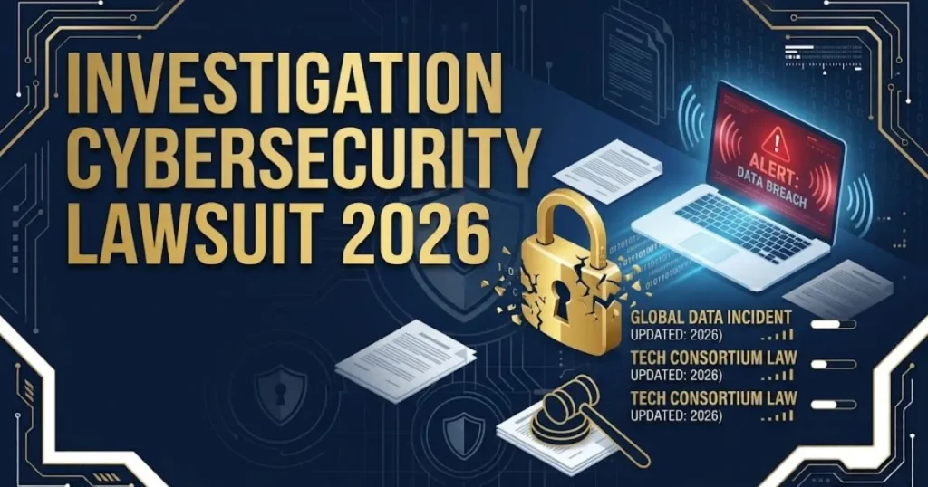 Investigation cybersecurity lawsuit 2026 graphic with data breach alert and broken lock icons