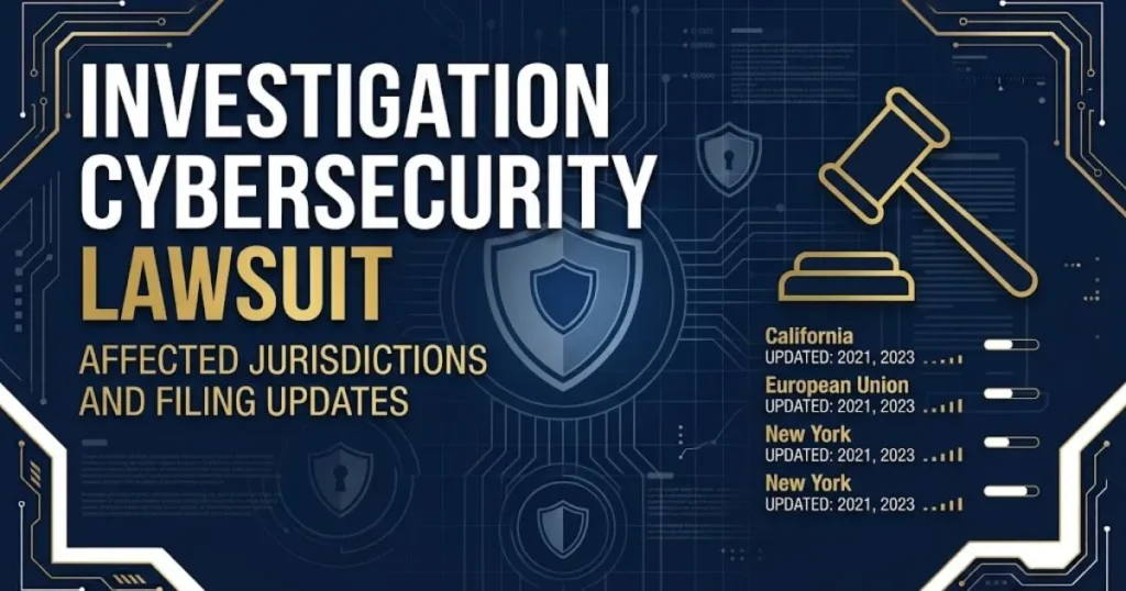 Investigation cybersecurity lawsuit hero banner with digital shield and gavel on navy background