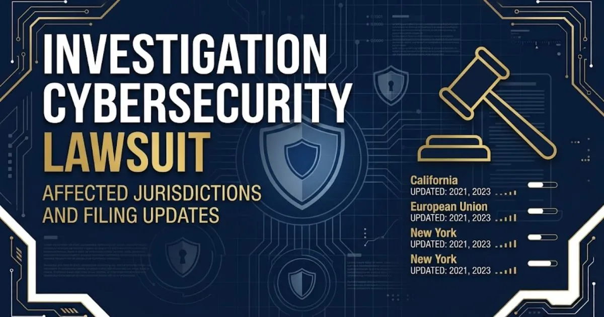 Investigation cybersecurity lawsuit hero banner with digital shield and gavel on navy background