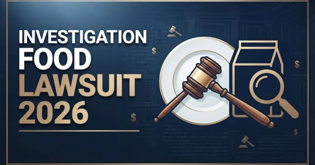 Investigation food lawsuit 2026 editorial banner with gavel, plate, and magnifying glass over food package illustration.