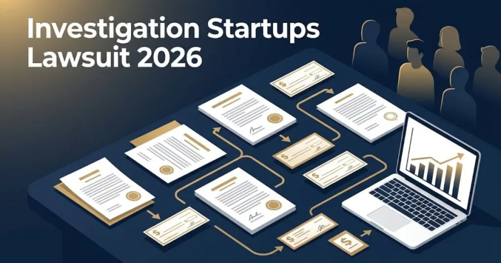 Investigation startups lawsuit 2026 supporting graphic with settlement documents and consumer silhouettes