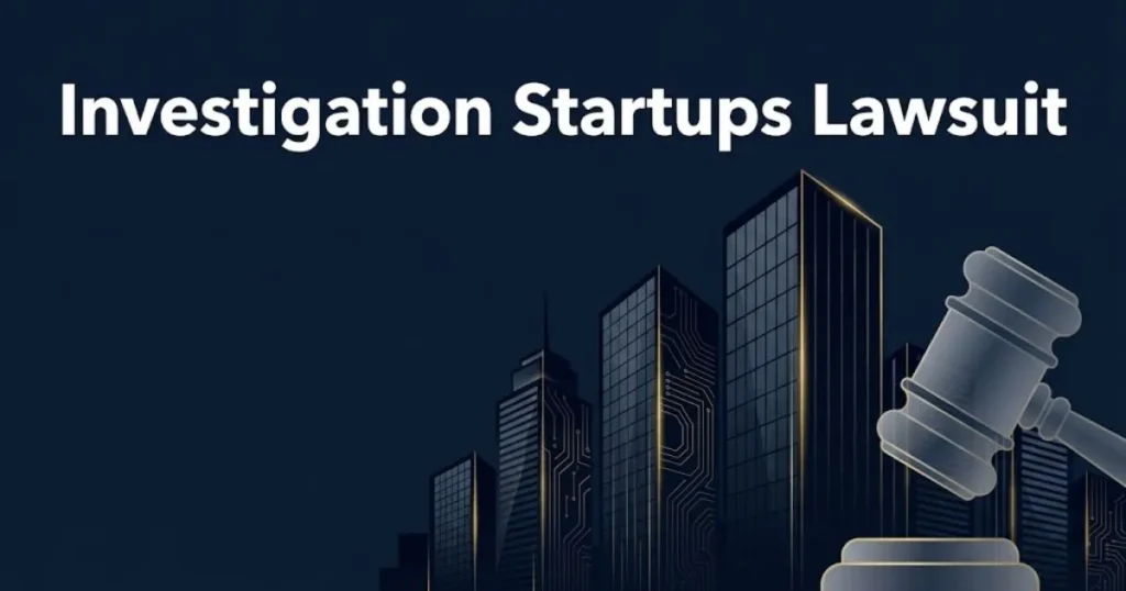 Investigation startups lawsuit hero banner with navy cityscape silhouette and gold gavel icon