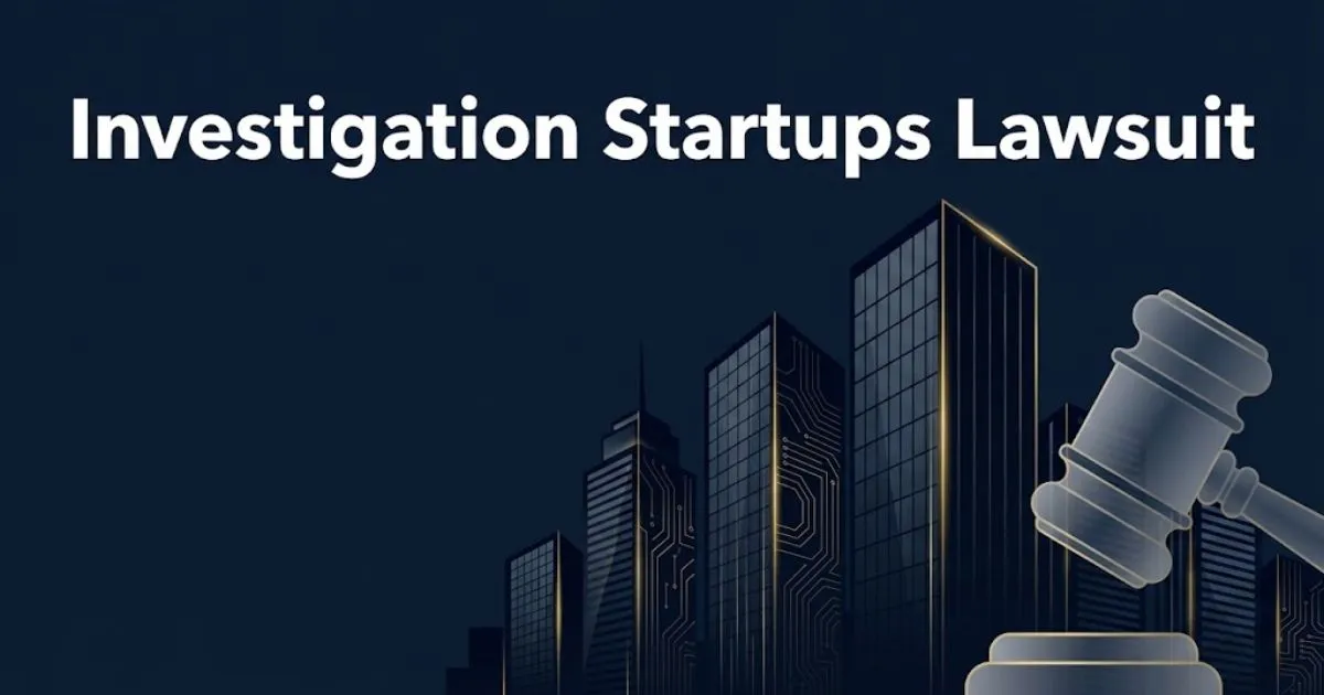 Investigation startups lawsuit hero banner with navy cityscape silhouette and gold gavel icon