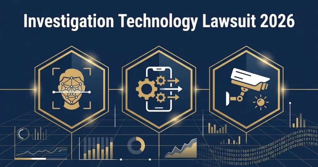 Investigation technology lawsuit 2026 graphic with facial recognition and surveillance icons in navy and gold