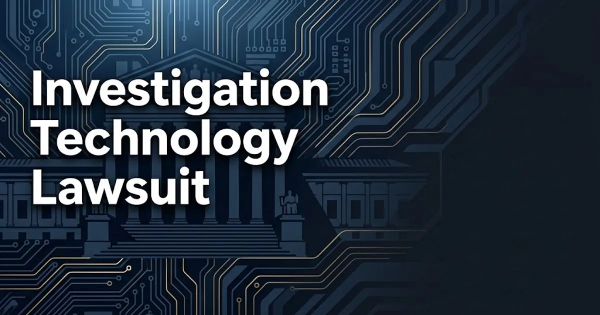 Investigation technology lawsuit hero banner with digital circuits and courthouse silhouette in navy and gold