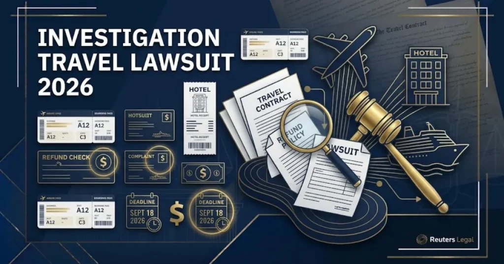 Investigation travel lawsuit 2026 supporting graphic with legal documents, boarding passes, and refund icons in navy and gold.