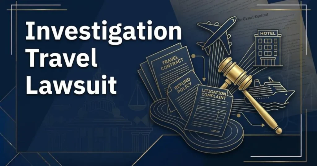 Investigation travel lawsuit hero banner with airplane, hotel, and cruise icons in navy and gold on dark background.