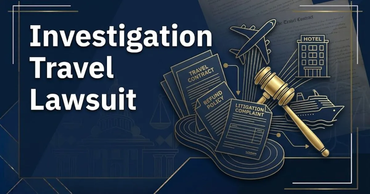 Investigation travel lawsuit hero banner with airplane, hotel, and cruise icons in navy and gold on dark background.