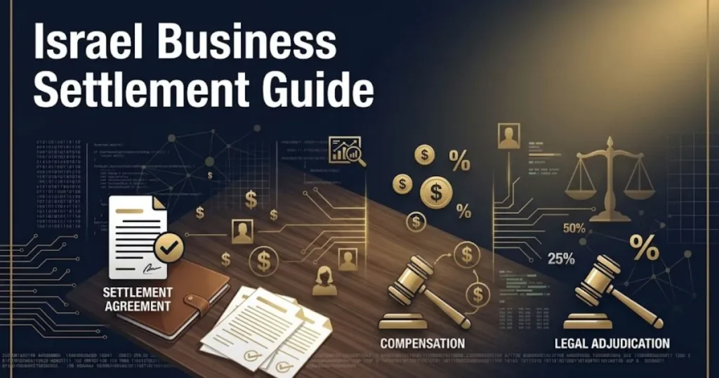 Israel business settlement guide graphic with legal documents and payout symbols in navy and gold