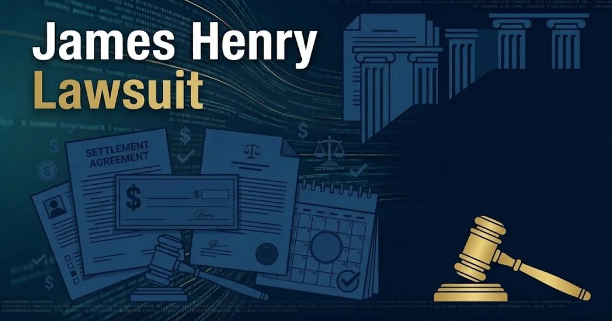 James Henry Lawsuit hero banner with legal themed navy blue and gold abstract design