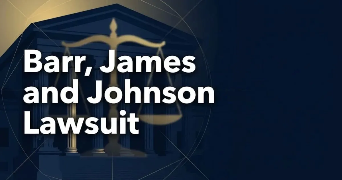 James and Johnson Lawsuit hero banner with courthouse silhouette and gold scales of justice on navy background