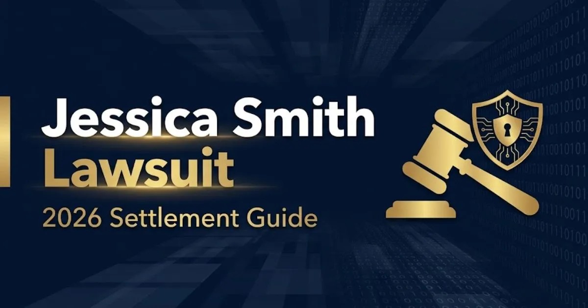 Jessica Smith Lawsuit 2026 hero banner with gavel and data privacy shield on navy background