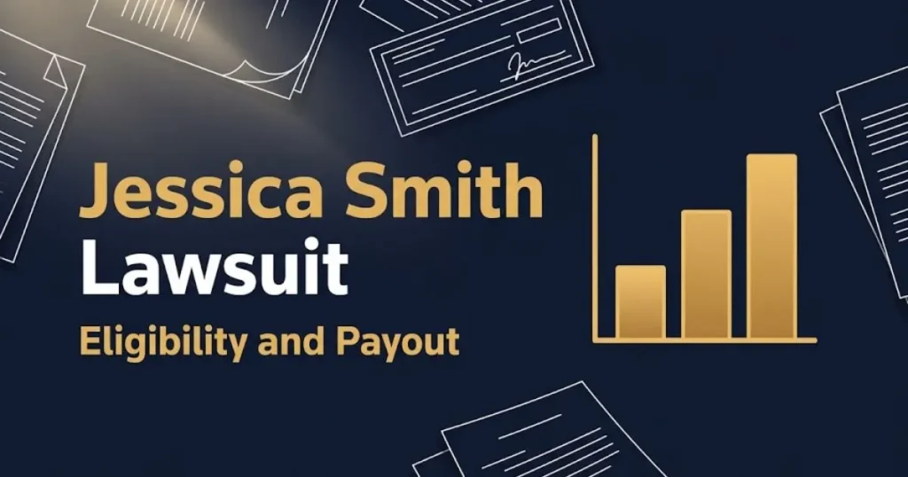 Jessica Smith Lawsuit eligibility and payout tier graphic with legal documents and chart icons
