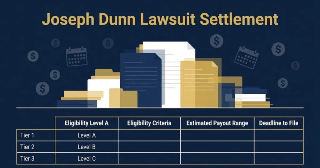 Joseph Dunn Lawsuit Settlement graphic showing payment tiers and eligibility documents in navy and gold