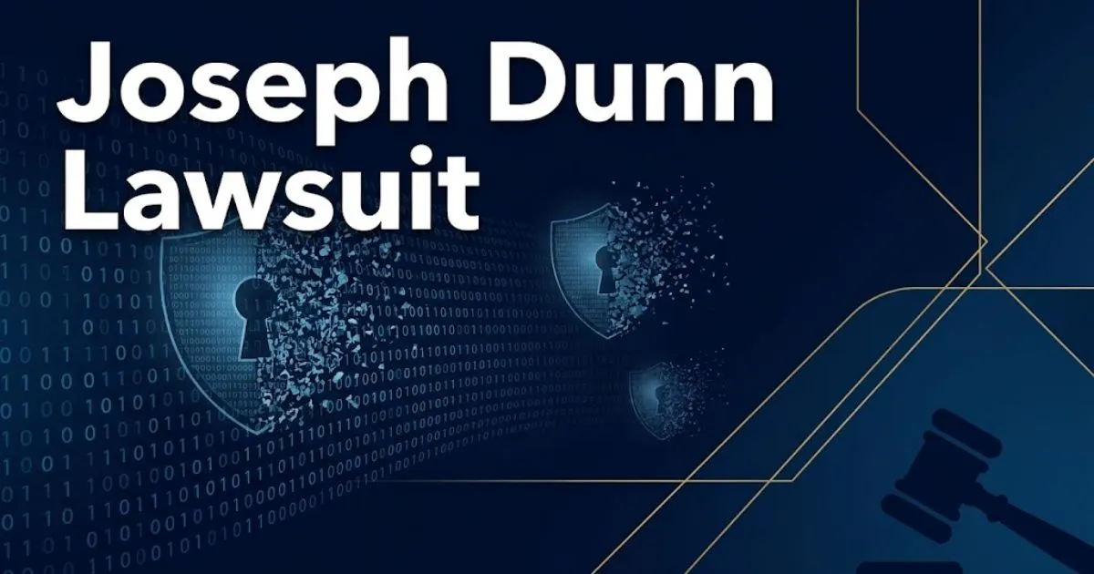Joseph Dunn Lawsuit hero banner with digital data breach visualization and gavel silhouette in navy and gold