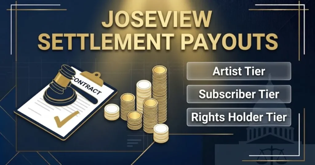 Joseview settlement payouts chart showing music lawsuit Joseview tier breakdown and claim categories.