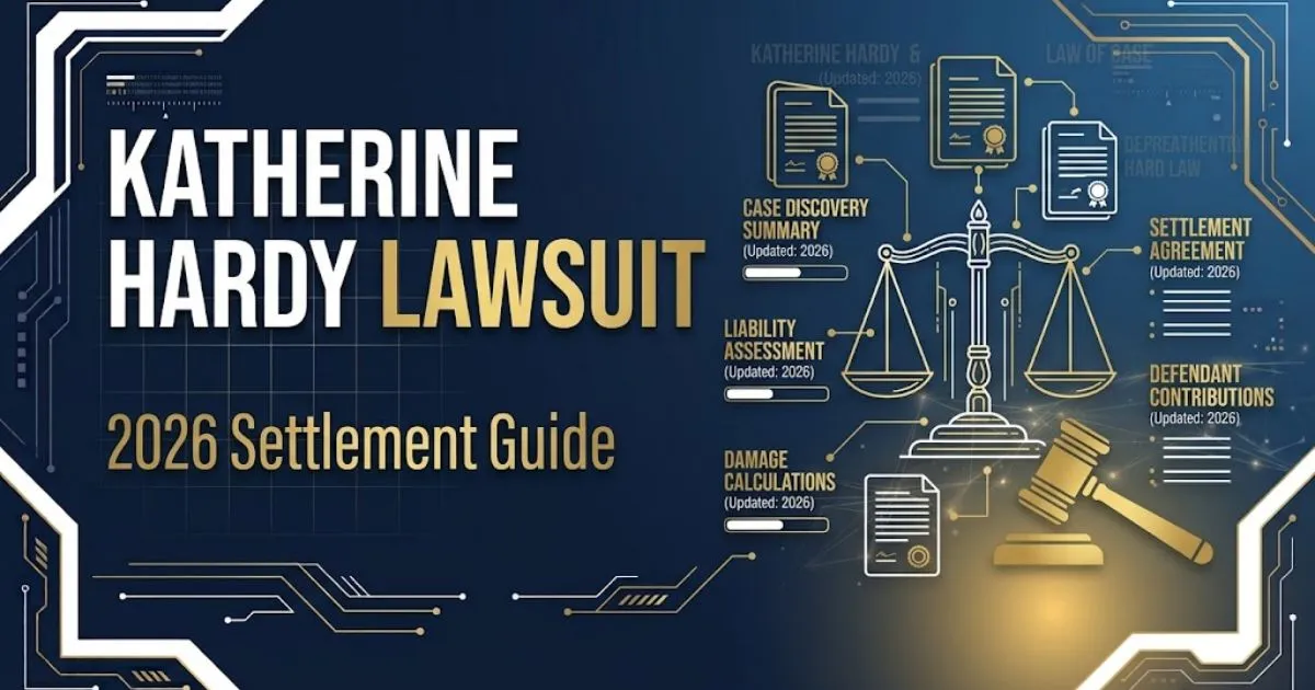Katherine Hardy Lawsuit 2026 settlement guide banner with legal scales and gavel icons on navy background