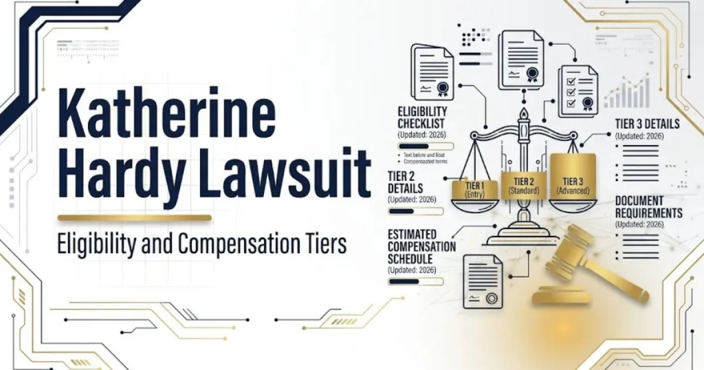 Katherine Hardy Lawsuit eligibility and compensation tiers infographic with gold bar chart on white background