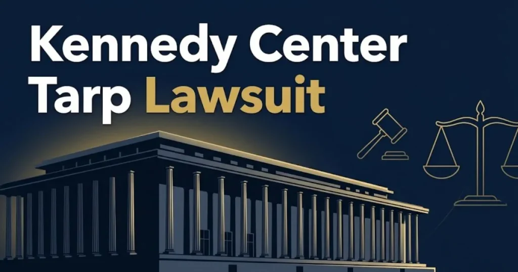 Kennedy Center Tarp Lawsuit hero banner with performing arts building silhouette and legal symbols in navy and gold