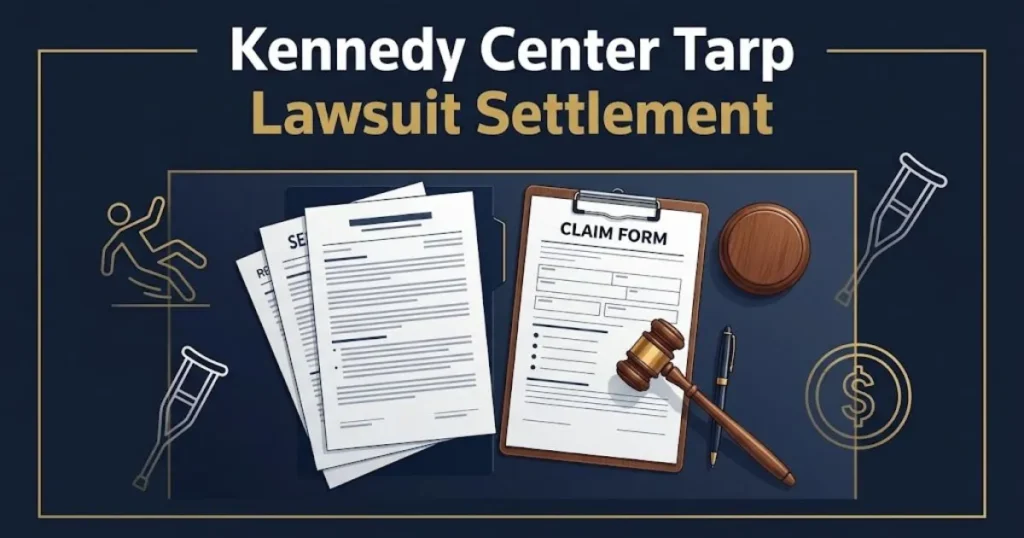 Kennedy Center Tarp Lawsuit settlement graphic showing legal documents and claim form on navy background with gold accents