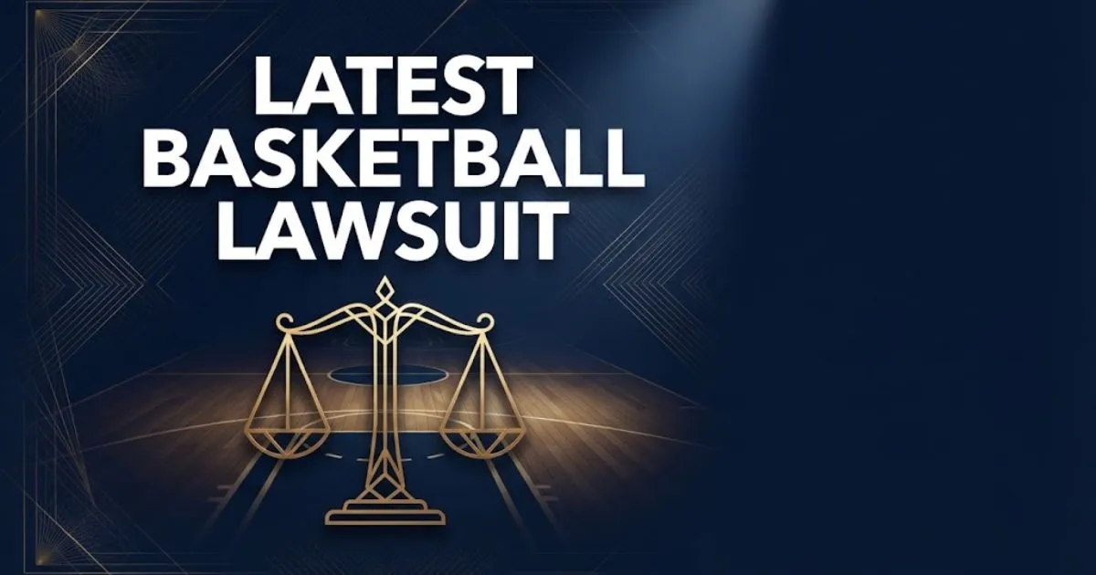 Latest basketball lawsuit hero banner with navy and gold legal scales and basketball court silhouette design