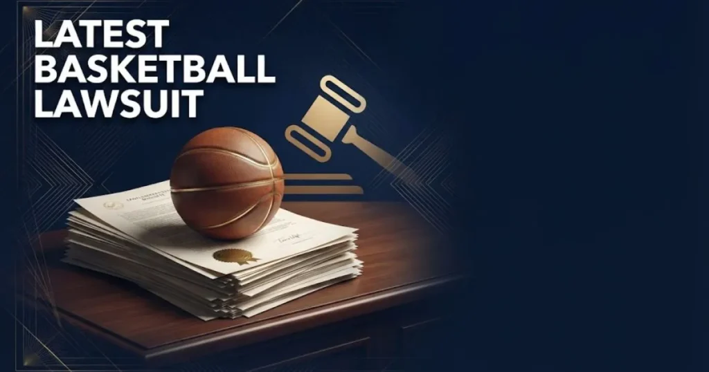 Latest basketball lawsuit supporting graphic showing legal documents and basketball on a courtroom bench