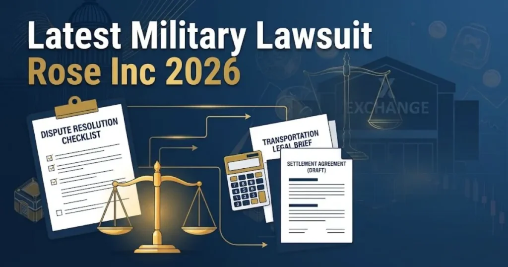 Latest military lawsuit Rose Inc 2026 banner with legal scales and military exchange imagery in navy and gold