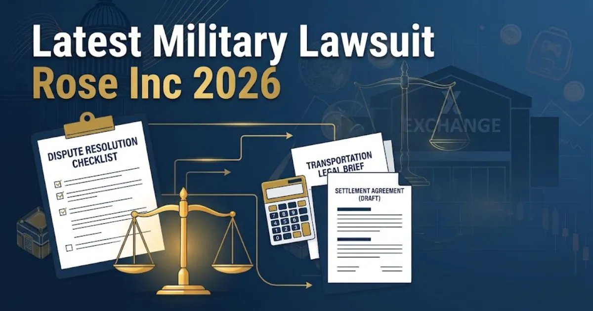Latest military lawsuit Rose Inc 2026 banner with legal scales and military exchange imagery in navy and gold