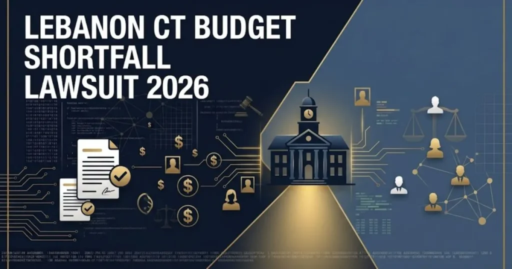 Lebanon CT budget shortfall lawsuit 2026 hero banner with town hall silhouette and legal symbols in navy and gold