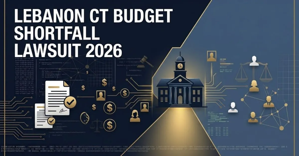 Lebanon CT budget shortfall lawsuit 2026 hero banner with town hall silhouette and legal symbols in navy and gold
