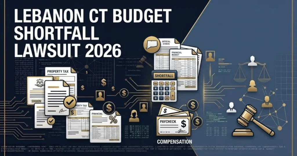 Lebanon CT budget shortfall lawsuit 2026 supporting graphic with tax documents and Connecticut outline in navy and gold