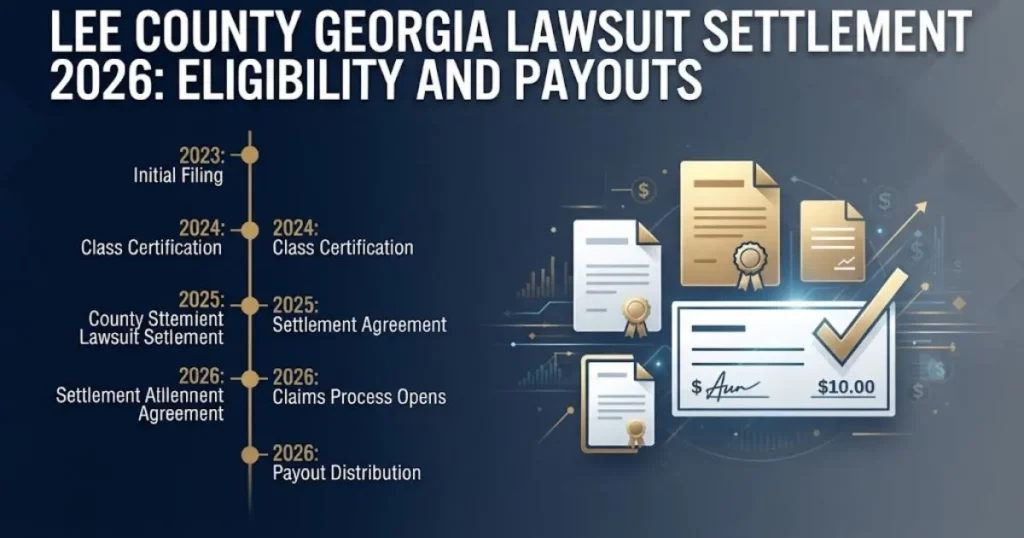 Lee County Georgia lawsuit settlement 2026 eligibility and payout timeline graphic with legal document icons