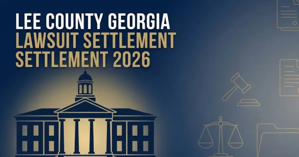 Lee County Georgia lawsuit settlement 2026 hero banner with courthouse silhouette and legal icons on navy background