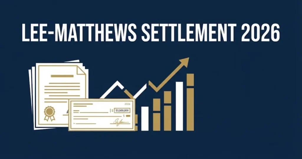 Lee-Matthews settlement 2026 infographic with legal documents and payout chart in navy and gold