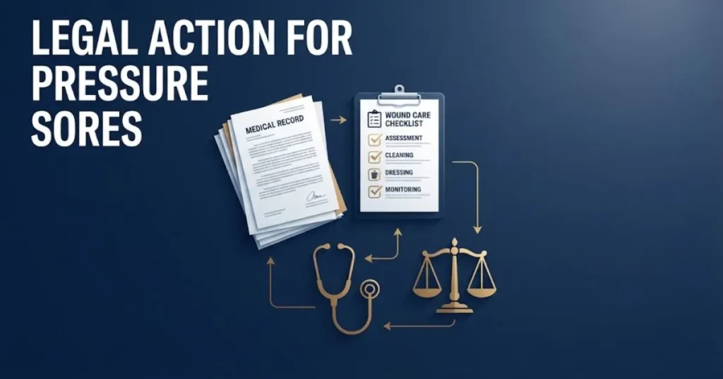 Legal action for pressure sores supporting graphic with medical and legal document theme