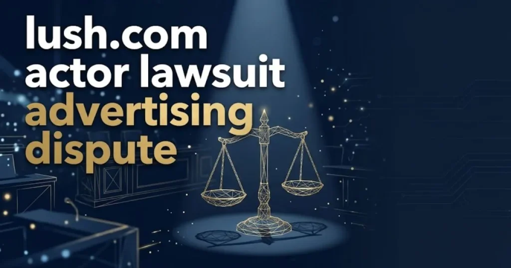 Legal banner showing lush.com actor lawsuit advertising dispute headline with navy and gold courtroom design