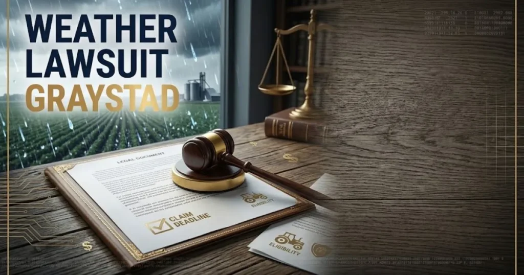 Legal desk scene with gavel and documents alongside hail-damaged crops, featuring weather lawsuit graystad headline text