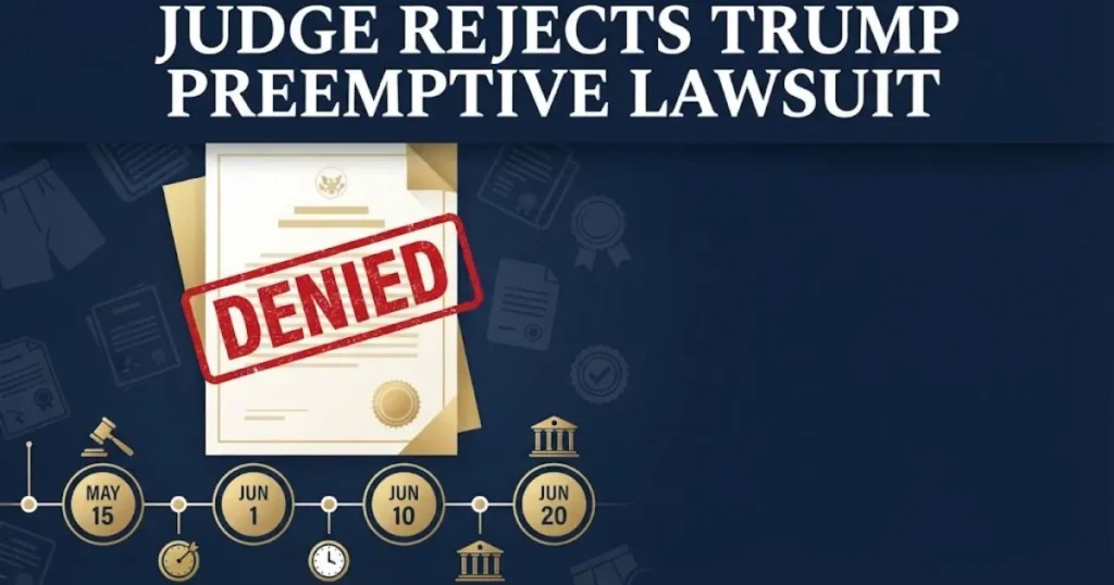 Legal document graphic with denied stamp and text judge rejects trump preemptive lawsuit in navy gold design