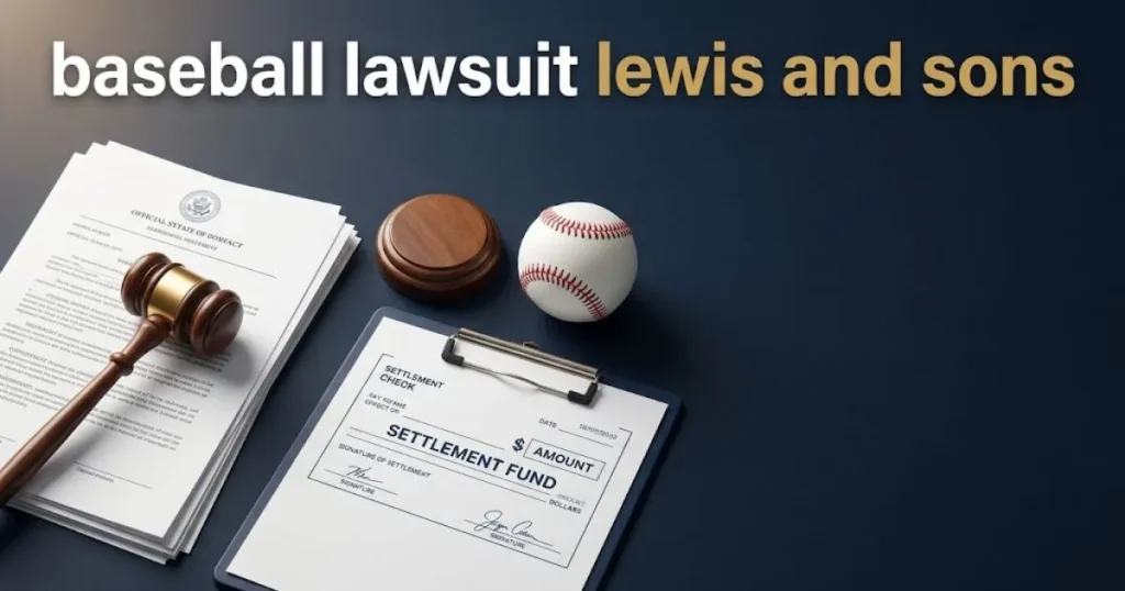 Legal documents and baseball on navy desk with baseball lawsuit lewis and sons settlement headline overlay