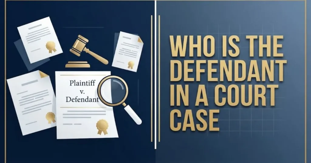 Legal documents and magnifying glass graphic with text who is the defendant in a court case on navy blue