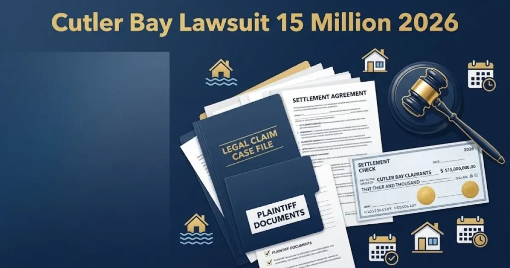 Legal documents and settlement check graphic with Cutler Bay Lawsuit 15 Million 2026 headline in navy and gold editorial style