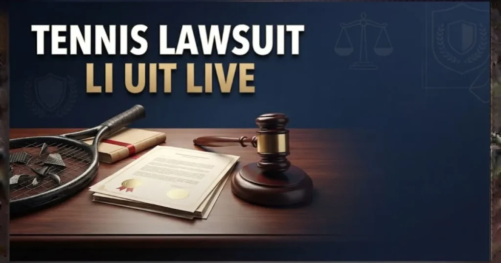 Legal gavel and cracked racket with tennis lawsuit live headline text on navy background with gold accents